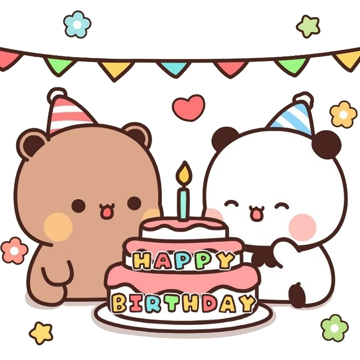 A brown bear and a white bear celebrating together with a birthday cake